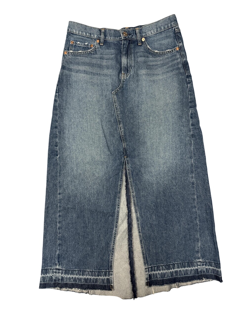 Gap Skirt Womens 8 Blue Denim Long maxi Front Slit Raw Hem Pockets Casual
